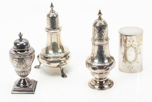 STERLING SILVER SHAKERS & SILVER PLATE CANNISTER, 4 PCS, H 3"-5.5", T.W. 9.7 TOZ 