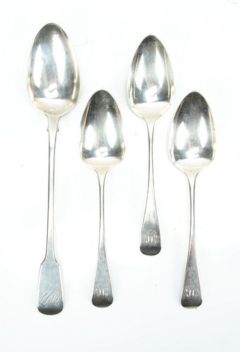ENGLISH STERLING SILVER STUFFING SPOONS, C. 1820, 4 PCS, L 9"-11.75", T.W. 9.99 TOZ 