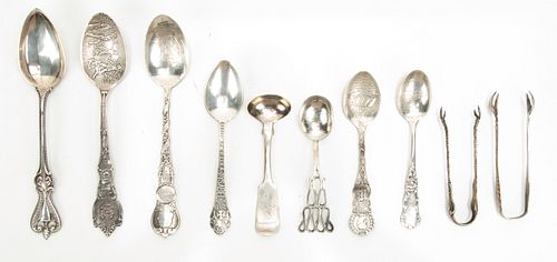 STERLING SILVER SOUVENIR SPOONS AND TWO PAIRS OF SUGAR TONGS, 10 PCS., 4.34 TOZ 