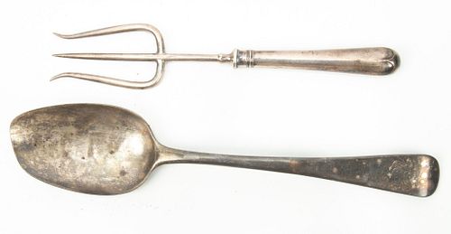 STERLING SILVER SERVING FORK AND SPOON, 19TH C., TWO PIECES, L 7" AND 8.5", 3.37 TOZ 