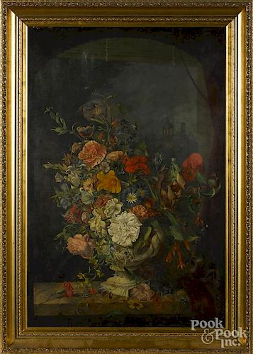 English oil on canvas floral still life, early 19th c., 25'' x 17''.