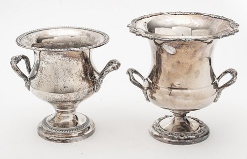 ENGLISH SILVERPLATE CHAMPAGNE COOLERS, 2 PCS., H 9.25" AND 11" 
