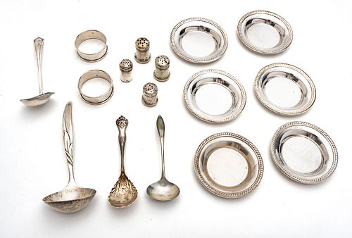 ENGLISH STERLING SILVER SPOONS, NAPKIN RINGS, NUT DISHES, SALT AND PEPPERS, 16 PCS.