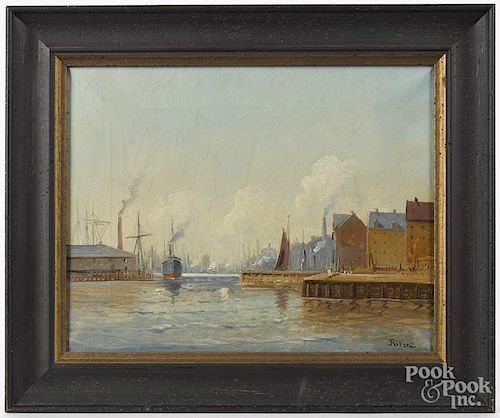 German oil on canvas industrial harbor scene, signed indistinctly lower right, 10'' x 13''.