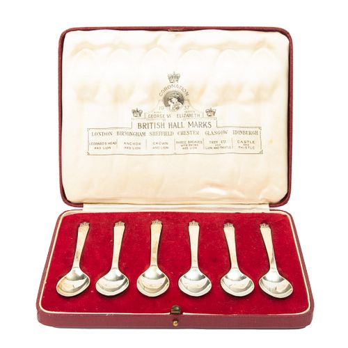 BRITISH STERLING SILVER TEASPOONS, SET OF SIX, LEATHER CASE L 4 1/4 ' 