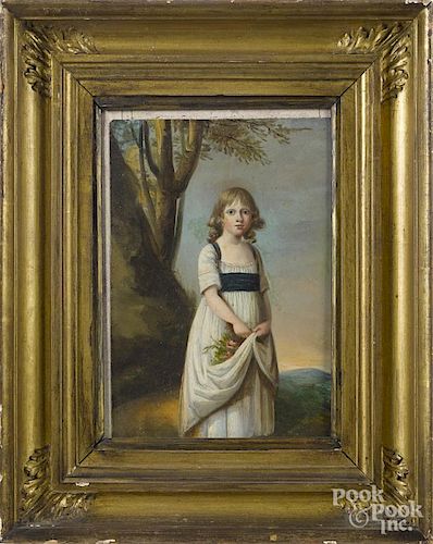English oil on board portrait of a girl, mid 19th c., 9 1/2'' x 6 1/2''.