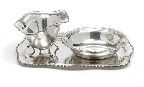 STERLING SILVER BEADED EDGE TRAY AND TWO BOWLS 3 PCS DIA 5.5", 6", 10" 