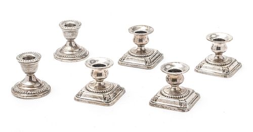 STERLING CANDLESTICKS, (4 BY WALLACE) 6 PCS, H 2.75", 3" 