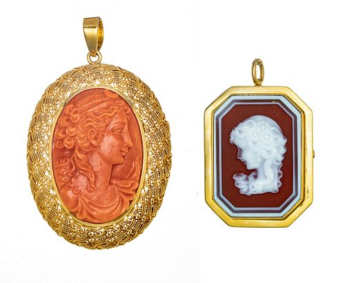 CORAL AND SARDONIX 14KT GOLD CAMEOS, C 1900, TWO 
