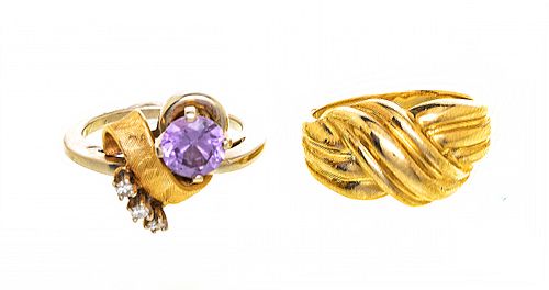 VINTAGE AMETHYST & DIAMOND RING, ALSO 14KT GOLD RING (2 PCS) SIZE 4 3/4",  