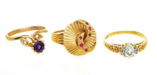 14KT GOLD RINGS: SAPPHIRE, RUBY AND TOPAZ (3 PCS) SIZE 5 