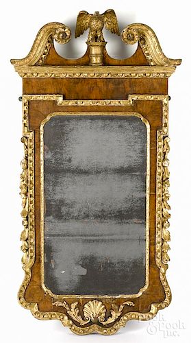 George III burl veneer and giltwood looking glass, late 18th c., with an eagle finial, 49 1/4'' h.