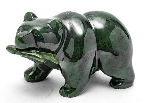 CARVED STONE POLAR BEAR WITH FISH H 2.5" L 4.5" 