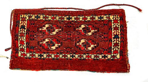 YOMUT TURCOMAN, TURKMENISTAN, HANDWOVEN WOOL TORBA BAG, C. 1900