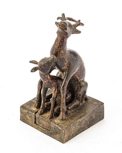 CHINESE BRONZE SET OF SEALS IN THE FORM OF A BUCK AND FAWN, H 4 3/4", W 2 1/2", D 2 1/2" 