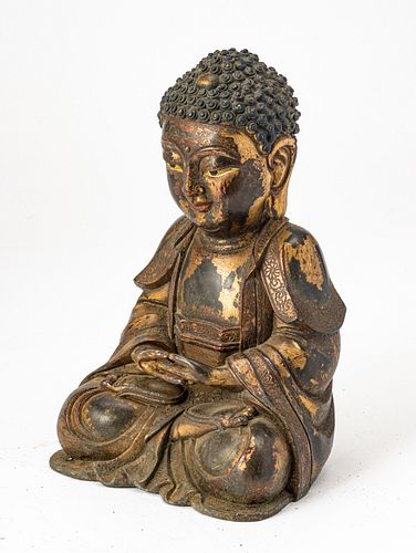 CHINESE PARCIL GILT BRONZE SEATED BUDDHA STATUE, H 9", W 6", D 5" 