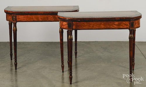 Pair of English Sheraton fancy painted satinwood card tables, ca. 1800, 29'' h., 37'' w.