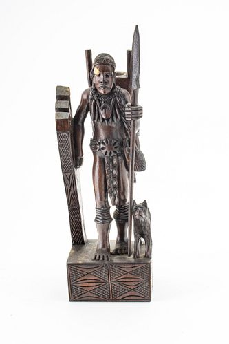 AFRICAN CARVED WOOD STANDING FIGURE OF A WARRIOR, H 12 1/2", W 4", D 4" 