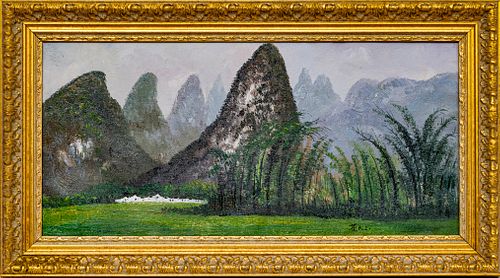 CHINESE, MOUNTAIN LANDSCAPE OIL ON CANVAS H 11.5" W 24" 