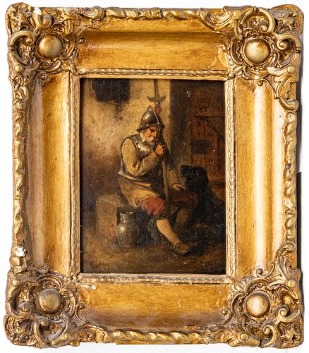 M. ELISHING, PAINTING ON WOOD 19TH.C. H 8" W 6" SOLDIER WITH DOG 