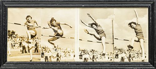 FRAMED PRESS PHOTOGRAPHS H 8", W 20", ANNETTE ROGERS AT THE 1936 OLYMPIC TRIALS 