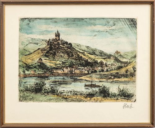 JOSEPH STEIB, GERMAN 1898-1957, RIVER LANDSCAPE ETCHING ON PAPER, DATED 1949,  H 14" W 19" 