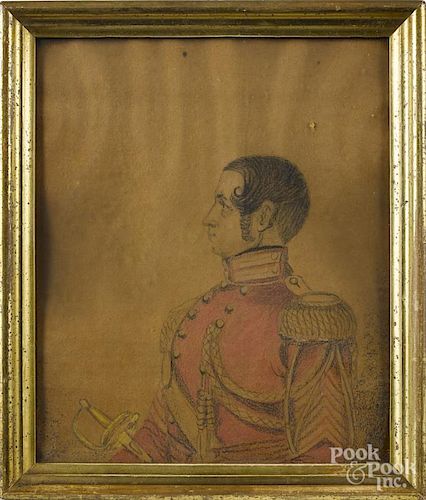 Pair of pastel and pencil portraits, 19th c., of a man in military dress and his wife and child