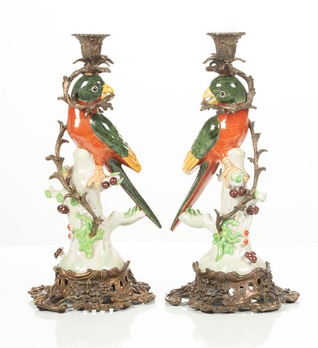 Chinese Ceramic And Metal Parrot Candleholders C. Modern, Pair, H 14''