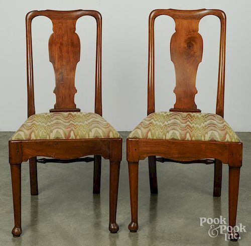 Pair of George II style walnut dining chairs, 19th c.