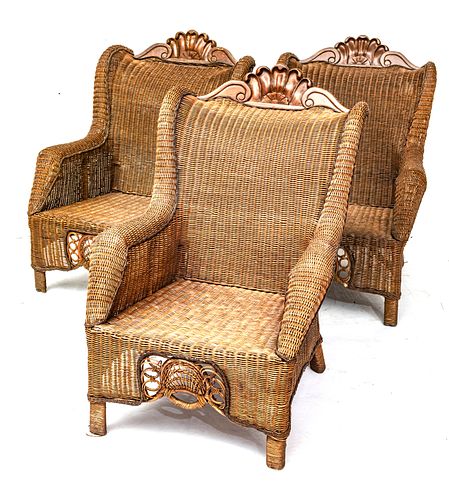 Woven Wicker Rattan Arm Chairs W 30'' Depth 36'' 3 pcs