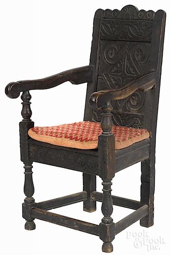 English carved oak wainscot armchair, ca. 1710.
