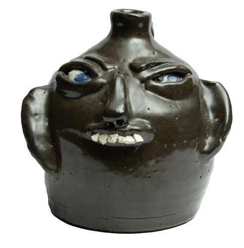 Signed Pottery Face Jug C. 2010, H 7'' Depth 6''