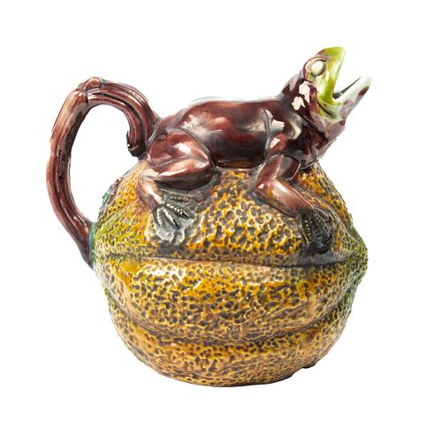 MAJOLICA POTTERY FROG ON CANTELOPE PITCHER H 6" 