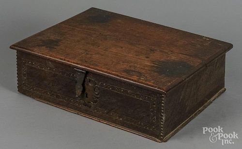English carved oak bible box, ca. 1720, 5 1/4'' x 18''.