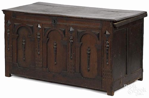 Jacobean joined oak blanket chest, early 18th c., with applied moldings, 24 1/2'' h., 43'' w.