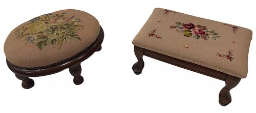 MAHOGANY FOOTSTOOLS, NEEDLEPOINTE COVERED, TWO H 7" L 13", 14" 