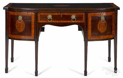 English Hepplewhite mahogany and satinwood sideboard, late 18th c., with urn inlays, 35'' h.