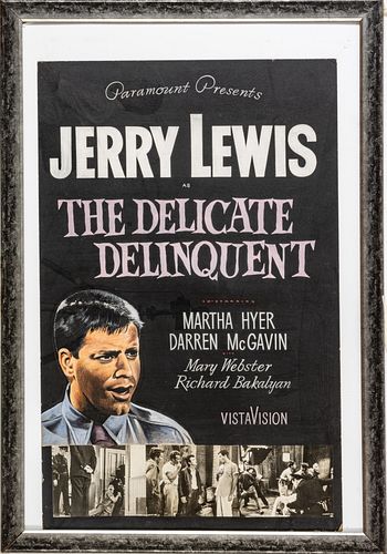 MIXED MEDIA ORIGINAL JERRY LEWIS MOVIE POSTER, H 44", W 28", "THE DELICATE DELIQUENT" 