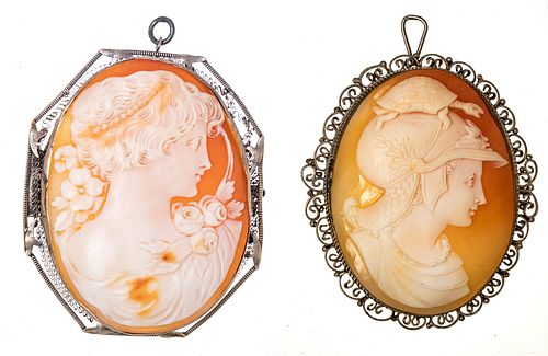 ITALIAN CARVED CAMEO BROOCHES CIRCA 1900, 2 H 2 1/2" , 1 3/4" 