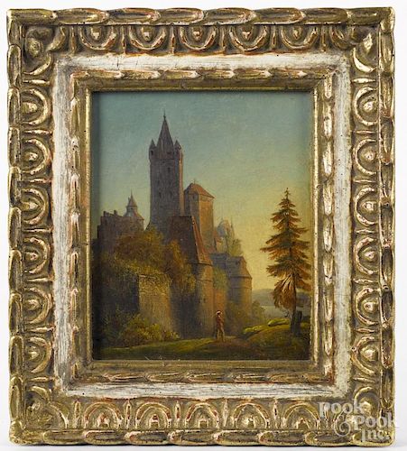 Continental oil on canvas landscape, 19th c., with castle, 8 3/4'' x 7''.