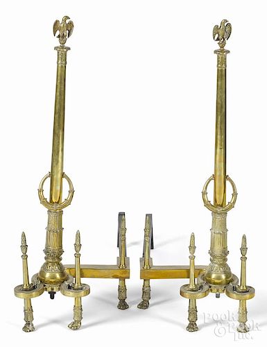 Pair Empire style brass andirons, ca. 1900 with eagle finials, 30'' h.