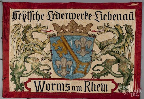German silk embroidered banner, dated 1907, for a music company, 35'' x 50''.