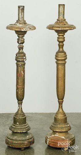 Pair of carved and gessoed ecclesiastical pricket sticks, 19th c., 44'' h.