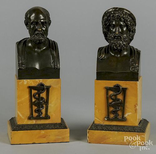 Pair of French bronze and marble garnitures of Hippocrates and Asclepiades, 11 1/4'' h.