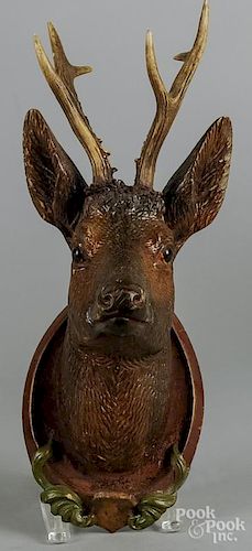 Black Forest carved deer trophy mount with antlers, 17'' h.