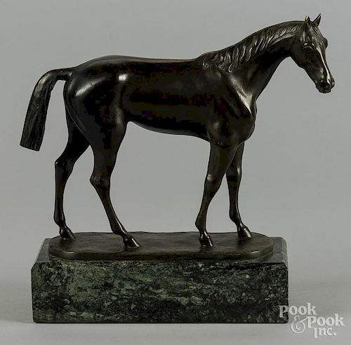 Patinated bronze horse, initialed S. T., mid 20th c., 8'' h.