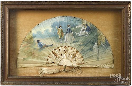 Victorian painted fan in a shadowbox, 14 1/2'' x 22 1/2'', together with a chromolithograph