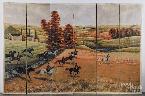 Painted pressboard six-part folding screen, 20th c., with fox hunting scene, 72'' x 108''.