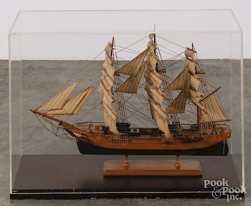 Carved pine ship model, early 20th c., case - 21 1/2'' x 30 1/2''.