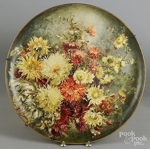 Large Continental pottery charger, with elaborate floral decoration, signed Lewis 1881, 23'' dia.